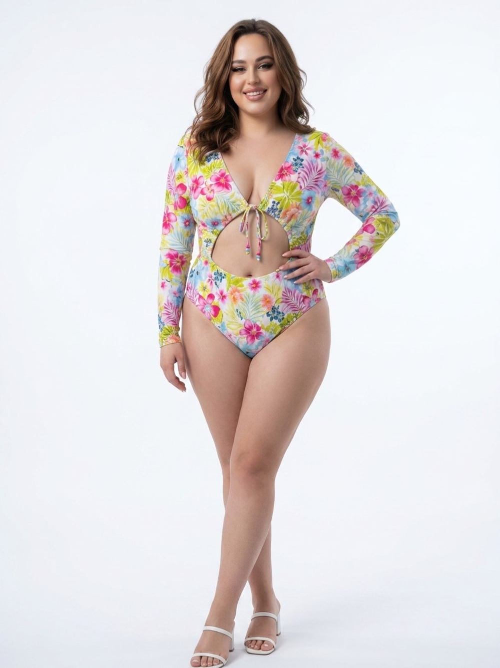 Celebrity Pink White One-Piece Swimsuit with Pink and Yellow Floral Trim